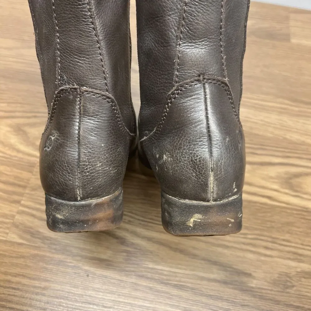 Born‎ Women Waters Brown Leather Zip Studded Moto Tall Boots Size 7 M Brown